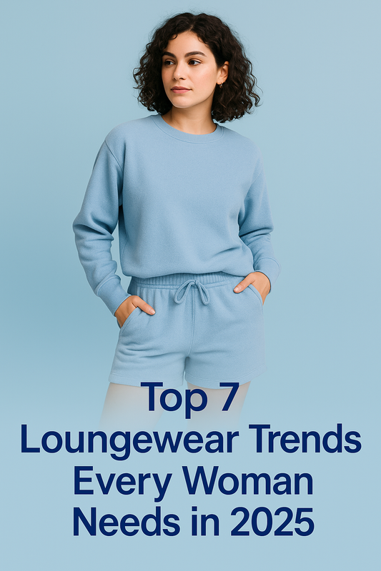 Woman wearing elegant pastel blue loungewear set posing confidently on a light blue background for FlairLady™ blog ‘Top 7 Loungewear Trends Every Woman Needs in 2025’ — showcasing luxury comfort and modern fashion style.