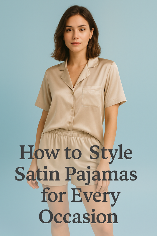 Real woman wearing elegant beige satin pajamas standing confidently against a soft pastel blue background for FlairLady™ blog ‘How to Style Satin Pajamas for Every Occasion’ — showcasing modern women’s loungewear fashion