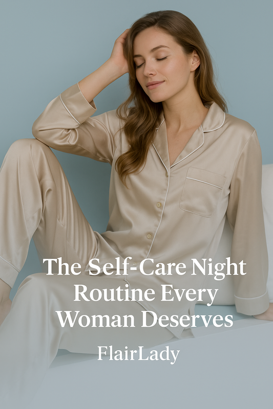 Elegant woman wearing beige satin pajamas relaxing peacefully against a pastel blue background for FlairLady™ blog ‘The Self-Care Night Routine Every Woman Deserves’ — representing women’s loungewear, comfort, and self-care.