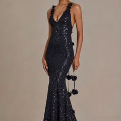 Etoile Premium Black Embellished Plunge Open-Back Evening Gown